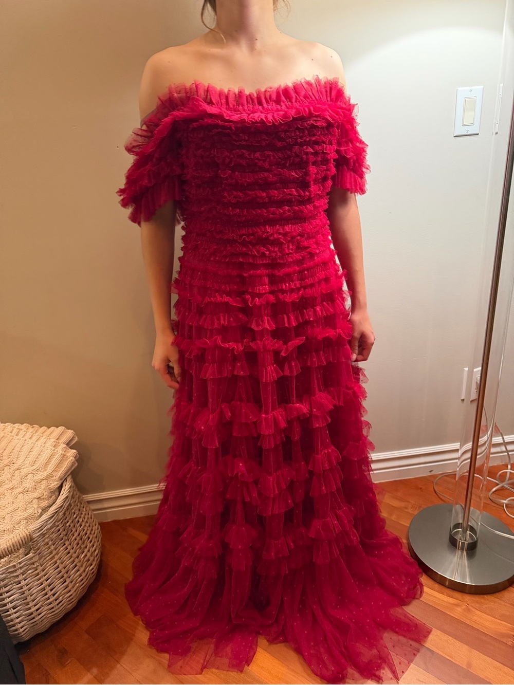 Needle and Thread Off-Shoulder Ruffled Tulle Gown - Dark Red, BRAND NEW